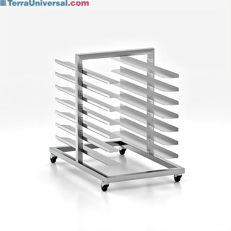 Stainless steel mobile storage rack with 7 vertical shelves, casters for easy mobility, and corrosion-resistant surfaces that wipe down easily | 9611-72 displayed