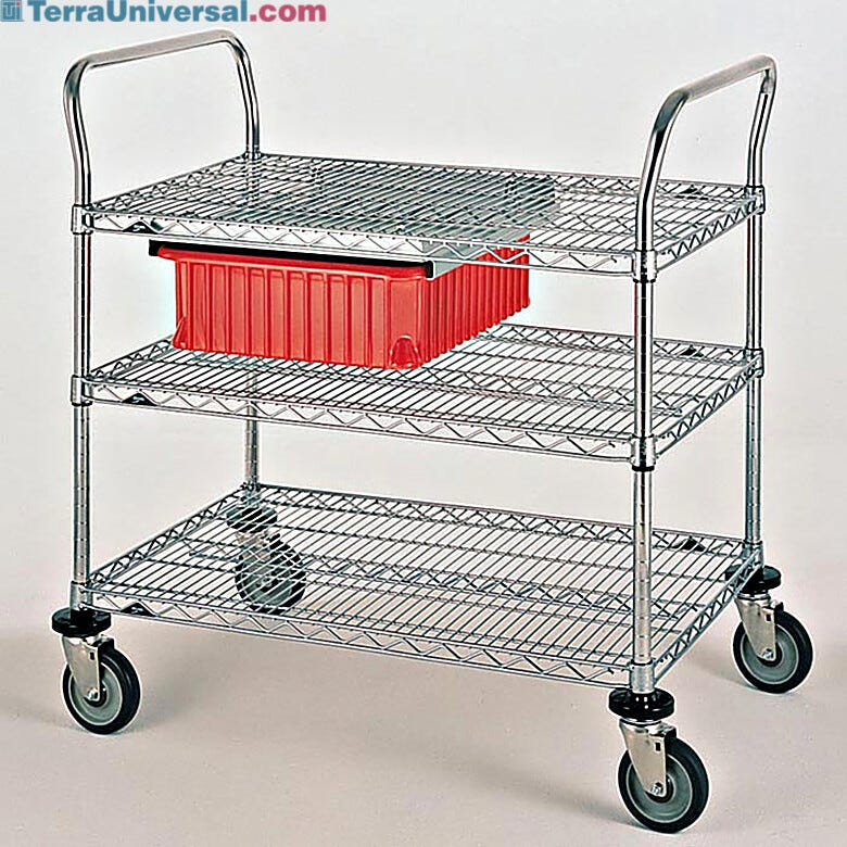 Stainless steel and Chrome Plated Utility Carts by InterMetro includes three wire steel shelves, handles and four casters | 1402-62 displayed