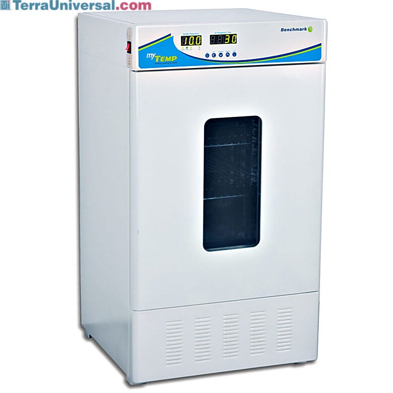 myTemp 65HC Heating and Cooling Incubator by Benchmark Scientific has a 2.3 cu. ft. capacity, a powerful compressor and a stainless steel interior  |  2828-06 displayed