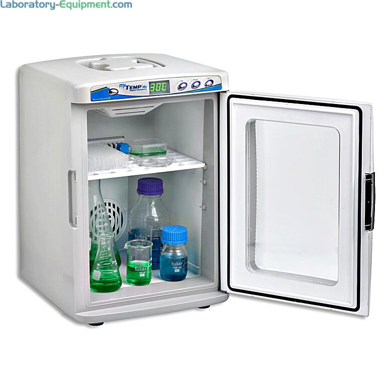 20L capacity myTemp Mini Digital Incubators by Benchmark Scientific store 2L bottles and flasks, include 2 adjustable shelves and an internal outlet for connec
