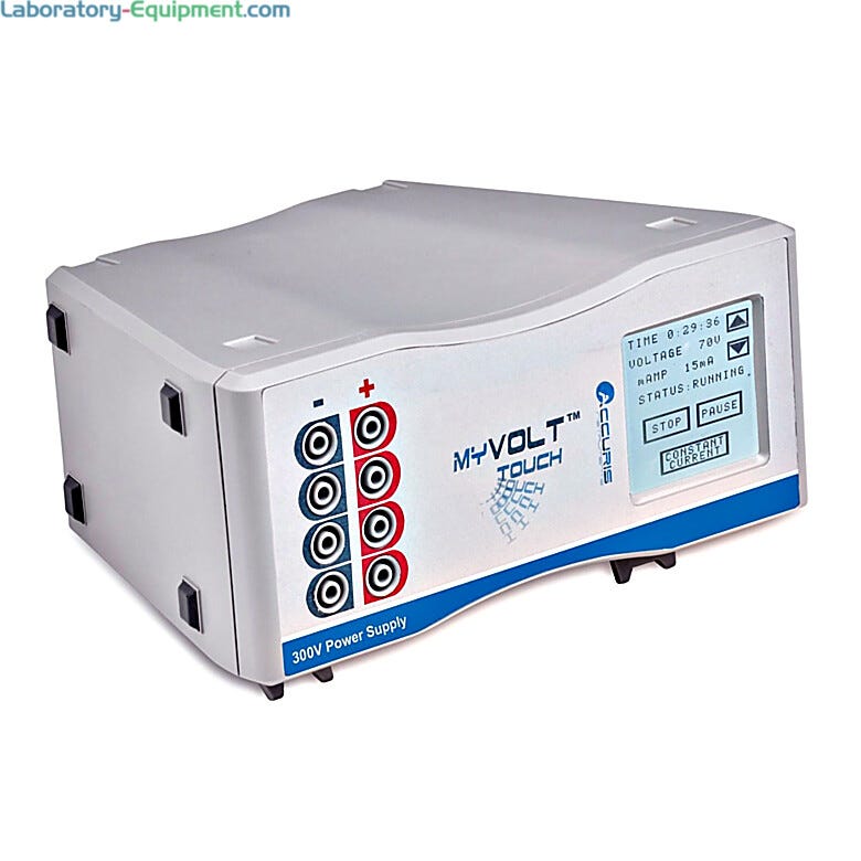 Accuris myVolt Touch Electrophoresis Power Supply with an auto-rotating LCD display features a 2 x 2 inch touchscreen control panel  |  2808-08 displayed