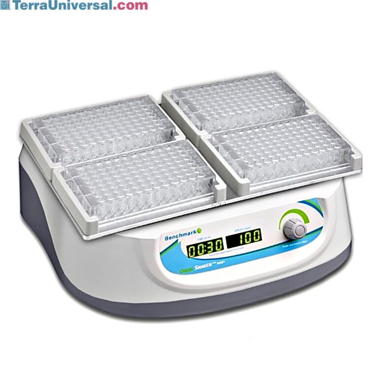 1500 rpm Orbi-Shaker MP Microplate Shaker by Benchmark Scientific with a 3mm orbit for microplates and PCT plates; includes 4-position platform | 2817-11 displayed