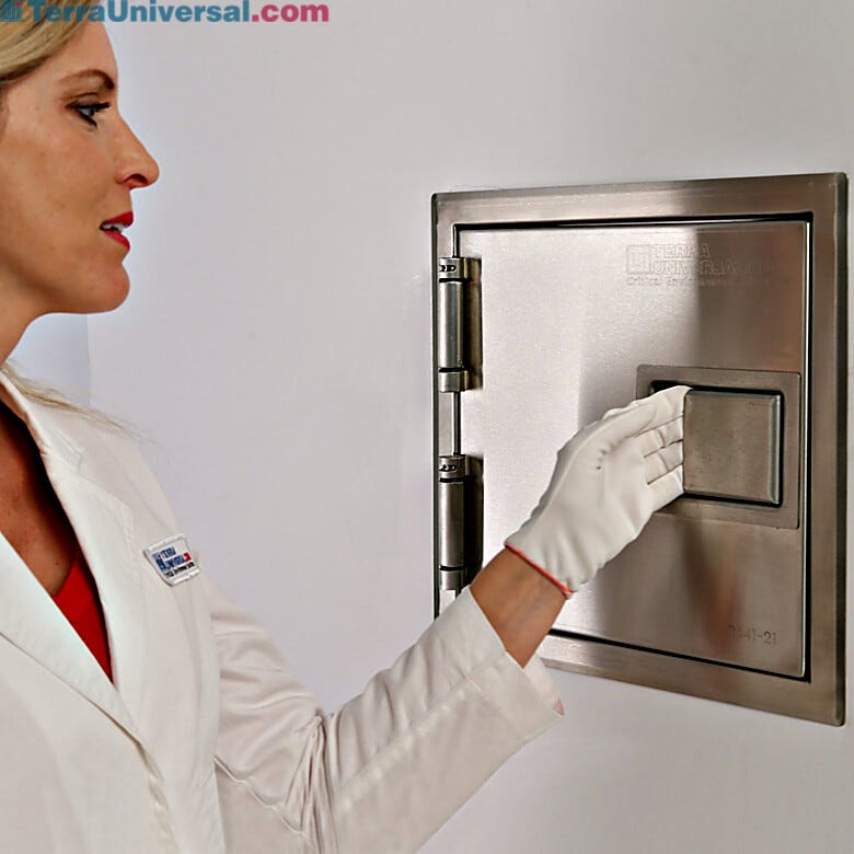 Fire-rated pass-through doors carry the UL 10B label, allow transfer of small items through a fire-rated wall | 2641-20A displayed