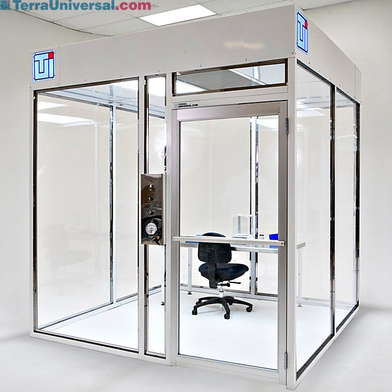 Hardwall cleanroom shown with powder-coated steel frame. | 6600-63A displayed