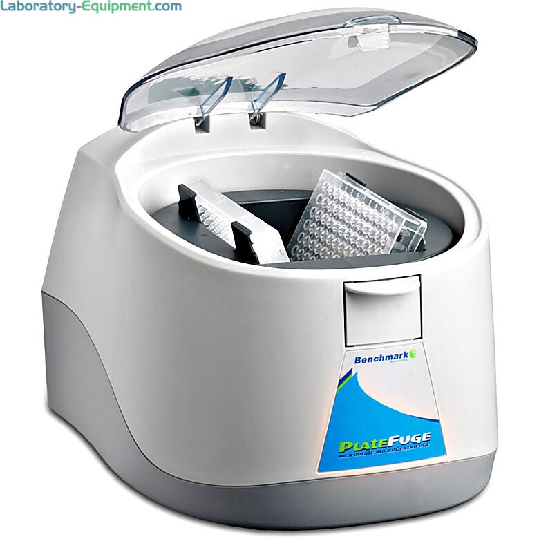 Platefuge microplate micro centrifuge from Benchmark has a 75° swing-out rotor and lid-controlled start/stop for spinning microplates up to 2,550 rpm  |  2814-00 displayed