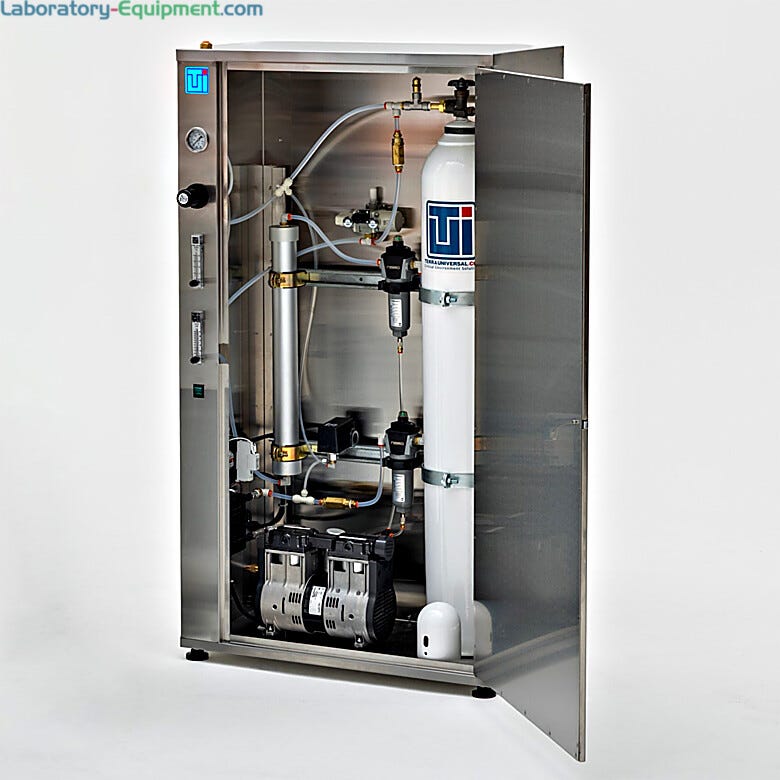 Compact portable N2 generator features prefilters, nitrogen membrane, oil-free compressor, gas cylinder, and pressure booster  |  2700-12D-P displayed
