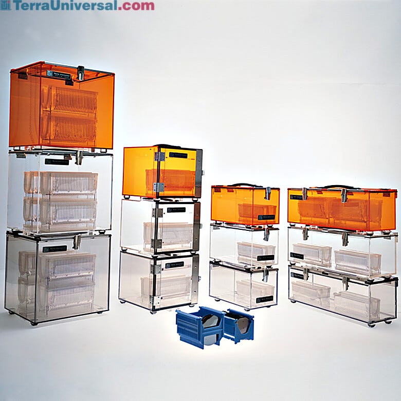 Stackable portable plastic desiccator dry box chambers maintain clean, dry environment during parts transit  |  9302-20B displayed