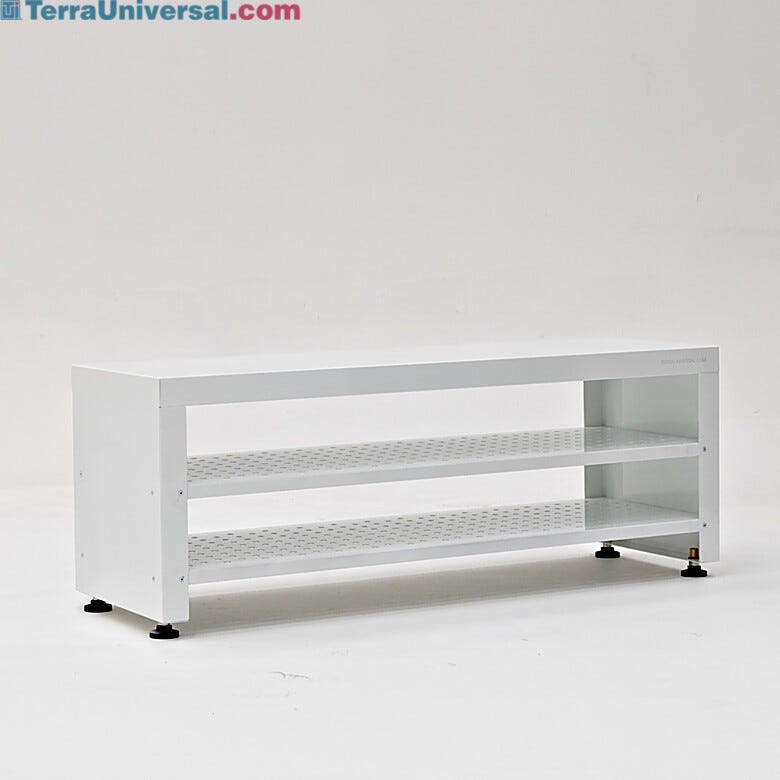 ISO 8 powder-coated steel gowning bench with integrated bootie rack  |  1540-25 displayed