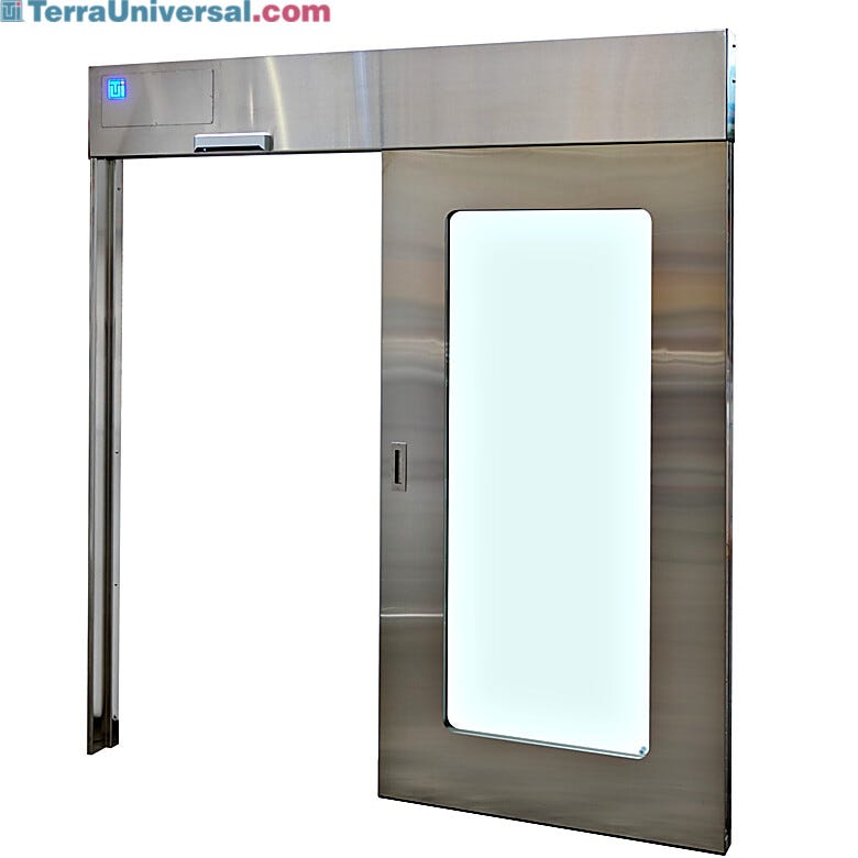 Stainless steel sliding door with recessed track design comes as a complete, ready-to-install unit  |  5555-PP-02 displayed