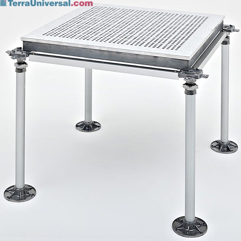 A 2'x2' sample of modular raised cleanroom flooring, perforated to optimize laminar airflow  |  6600-53 displayed