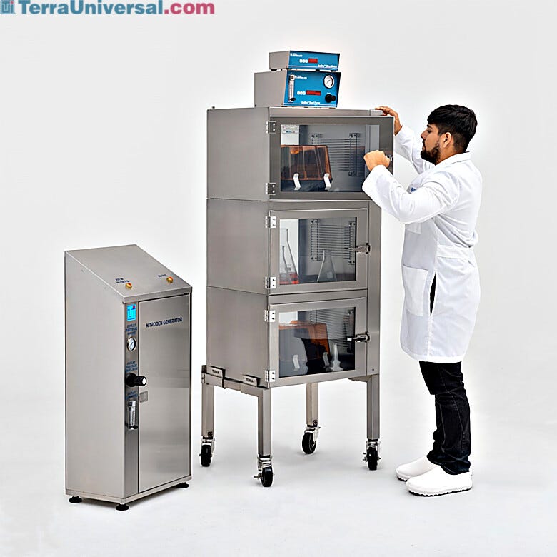 Series 400 three chamber stainless-steel desiccator cabinet provides multi-chamber humidity control  |  1609-02BNP displayed