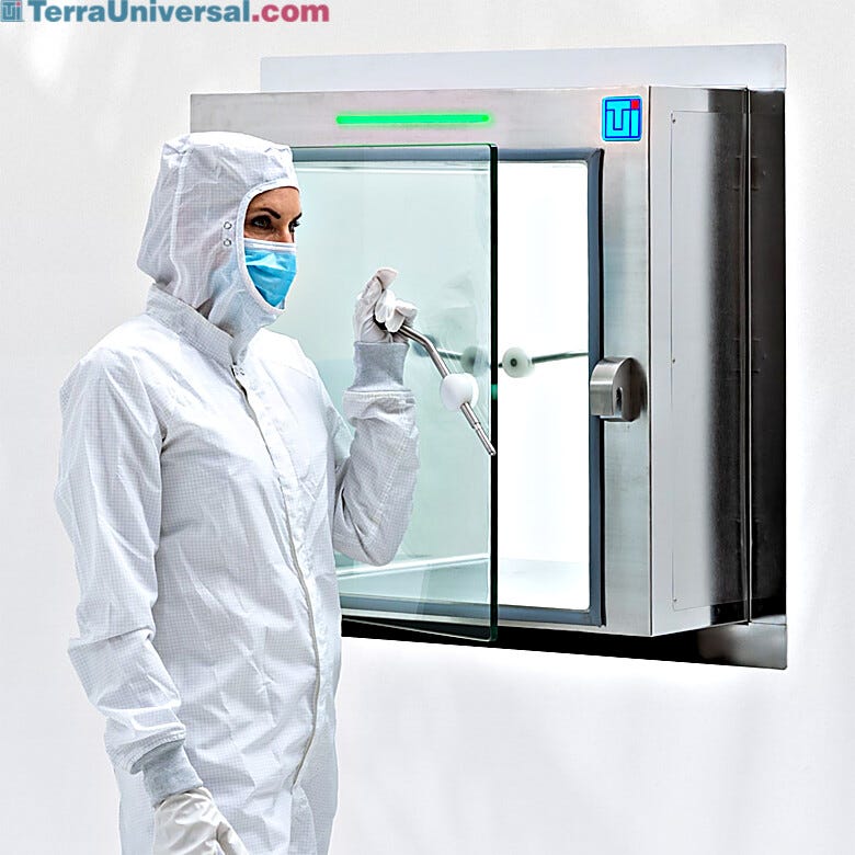 BioSafe® pass-through with crevice-free stainless steel for easy sterilization, interlocked doors to limit contamination, and no-drill installation  |  2627-27-CM displayed