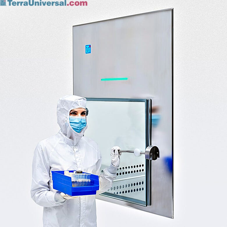 Cleanroom pass-through with recirculating HEPA/ULPA filtration that removes particles from the chamber between transfers, protecting sensitive materials | 2627-36 displayed