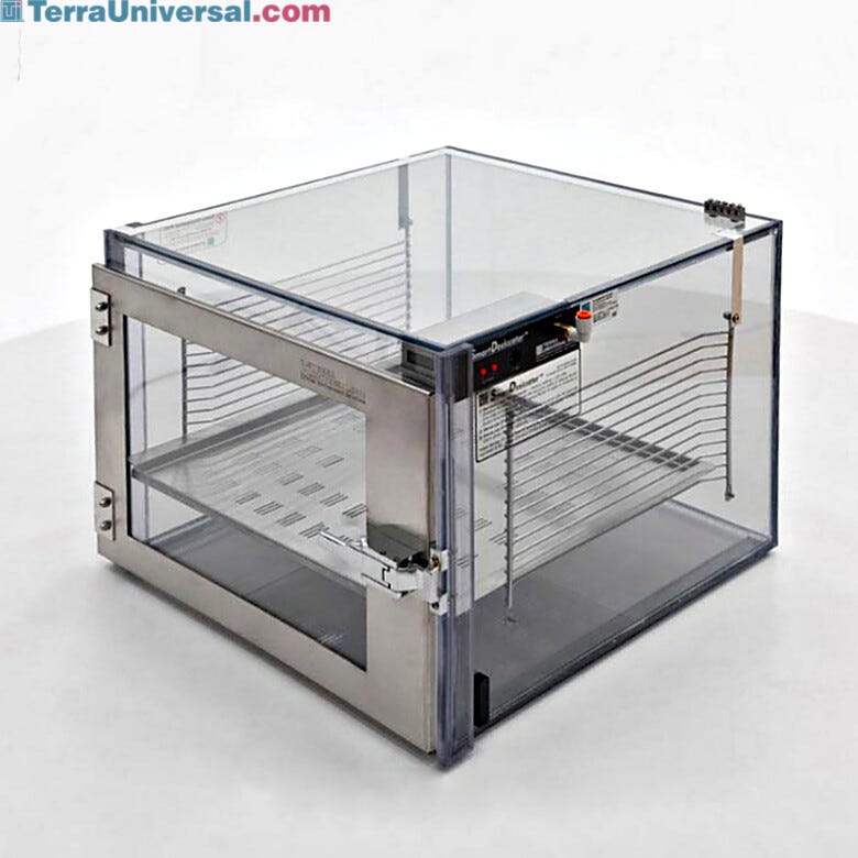 Smart nitrogen desiccator cabinet in static-dissipative PVC features automatic humidity control, stainless steel door frame, and shelf rack