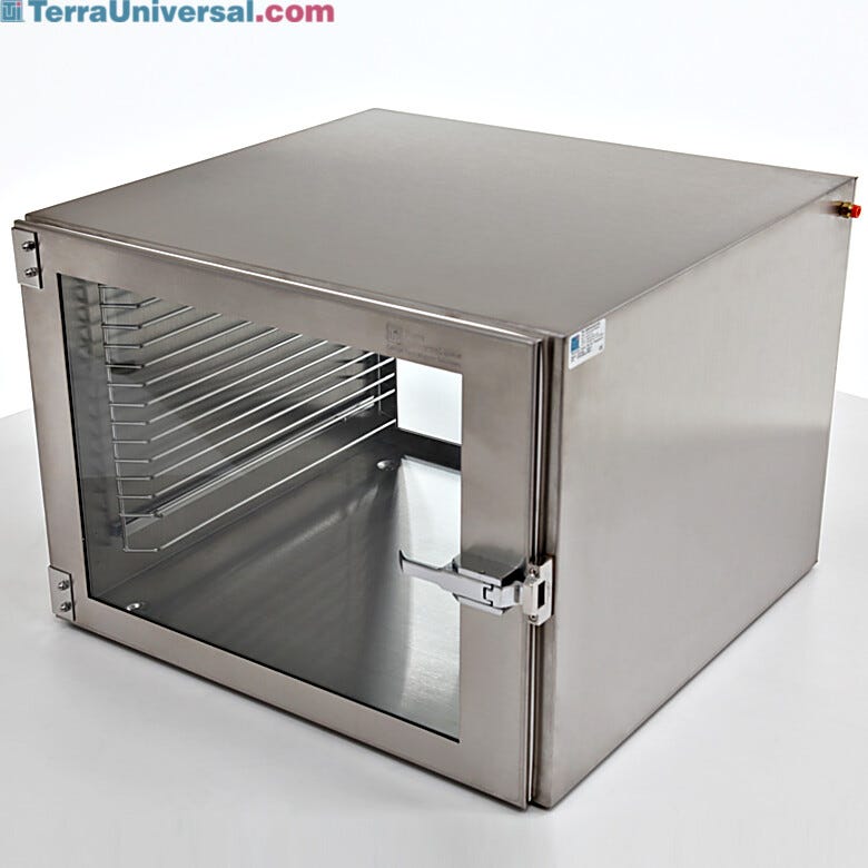ISO 6 Stainless steel desiccator cabinet, single chamber design, provides dry and sterile storage environment; featuring ergonomic Lift Latch, tempered glass vi  |  1610-32A displayed