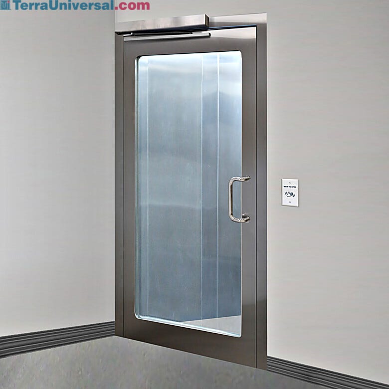 Left hand reverse stainless steel door with full view tempered glass window and automatic opening sensor  |  1999-96-L displayed