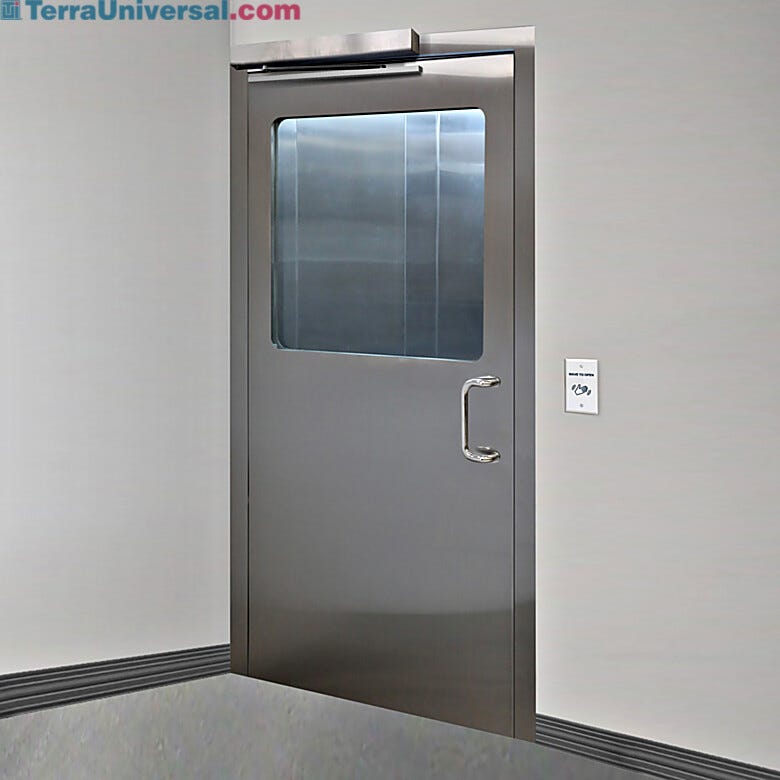 Left hand reverse stainless steel door with full view tempered glass window  |  1999-87A-L displayed