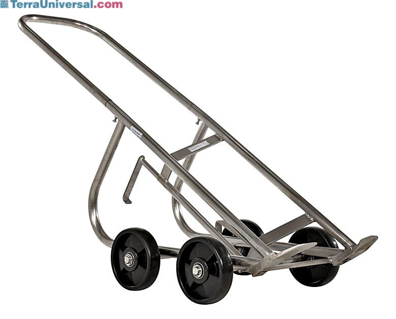 Vestil stainless steel drum truck with 1000 lb. capacity, featuring 4-wheel design for maneuvering 30, 55, and 85 gallon drums in tight spaces  |  3402-01 displayed