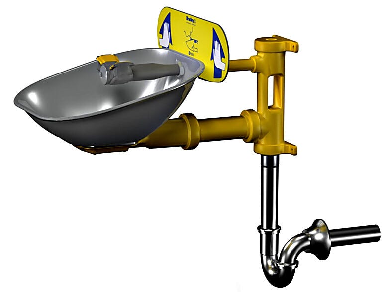 Stainless Steel Halo Bowl Eyewash operated by push handle providing optimal wash