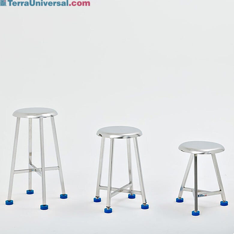 Industrial stainless steel lab stools with adjustable leveling feet, available in three different heights for laboratory and cleanroom applications. | 2806-PP-02 displayed