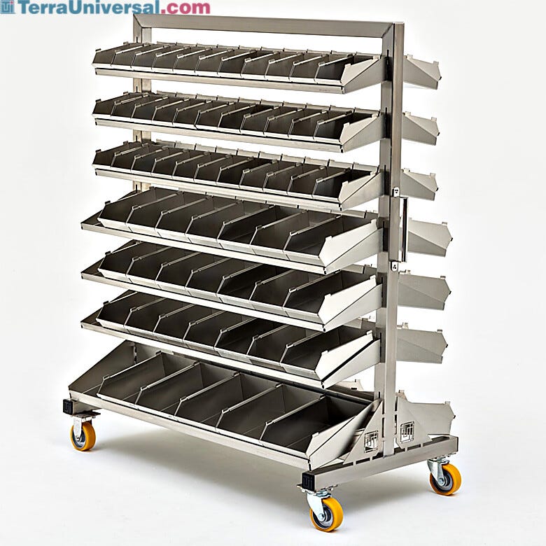 Double-sided mobile bin handled shelving unit with seven shelves per side, in three sizes for a variety of small parts storage and easy access  |  9611-74 displayed