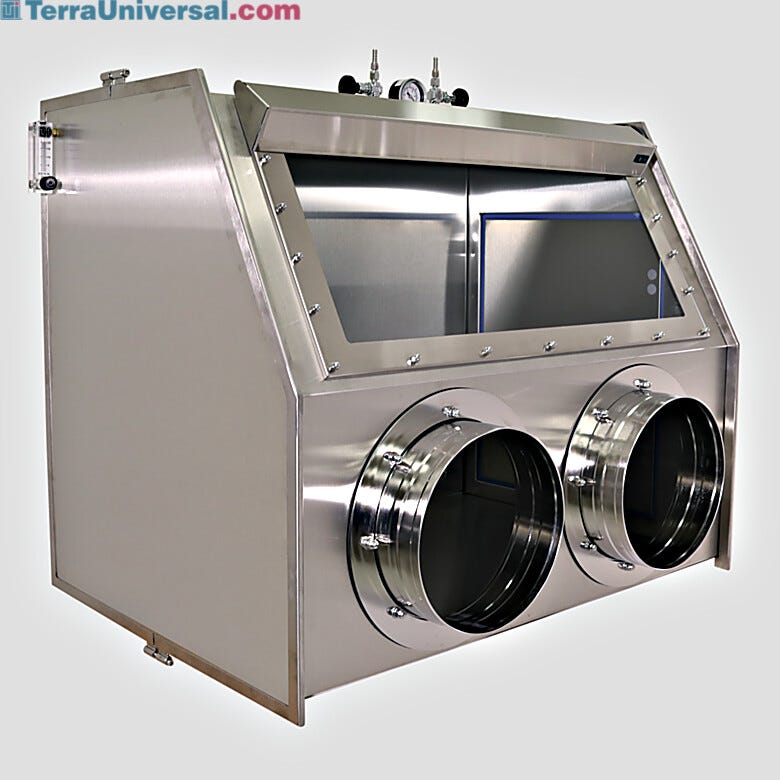 Stainless steel glove box with optional stainless steel glove ports, allows for -5