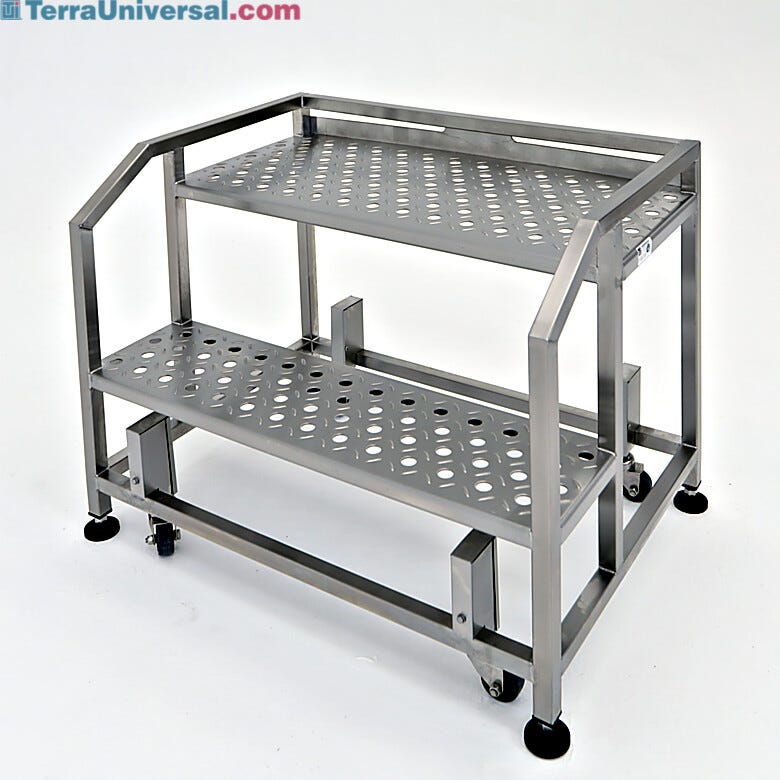 Stainless steel portable step ladder; 316L SS, 2 steps, 300lb capacity, perforated with diamond plating, ISO 5   |  2805-83A displayed