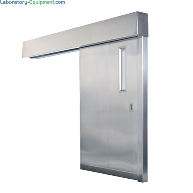 Single-sliding cleanroom door featuring a seamless stainless steel panel and a durable stainless steel track system for smooth, contamination-free operation.  |  1999-58 displayed