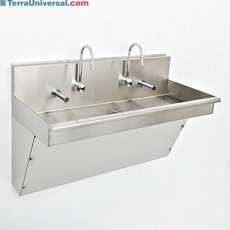Durable two-station stainless steel scrub sink with hands-free operation, designed for hospitals, laboratories, and cleanroom environments. | 1373-61A displayed