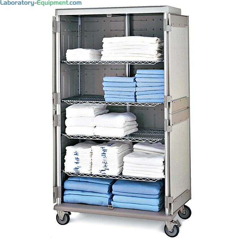 Antimicrobial Double-wide tall mobile cart with quikSLOT inserts for storage of medical linens  |  1306-81 displayed