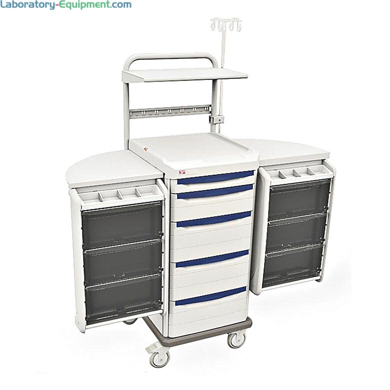 Antimicrobial biomedical cart by Intermetro with right and left swingout pods with drawers and dividers | 1306-86 displayed