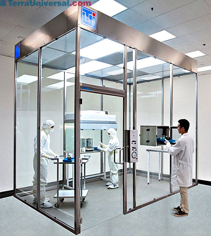 Free-standing ISO 7 modular hardwall clean room with tempered glass panels designed for power washing with cleaning chemicals | 6600-69A displayed