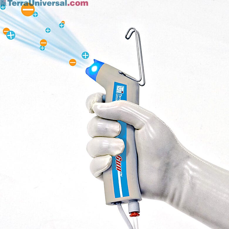 This Ionizing Blow-off Gun neutralizes static surface charges and removes particles with a burst of clean air or nitrogen | 2005-55 displayed