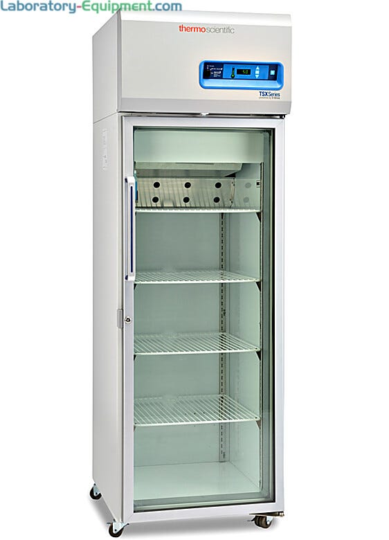 Single-glass door 326L TSX High-Performance Refrigerator by Thermo Fisher Scientific includes 4 shelves and casters; GMP Clean Room Class A/ISO 6 compatible  |  1621-07 displayed