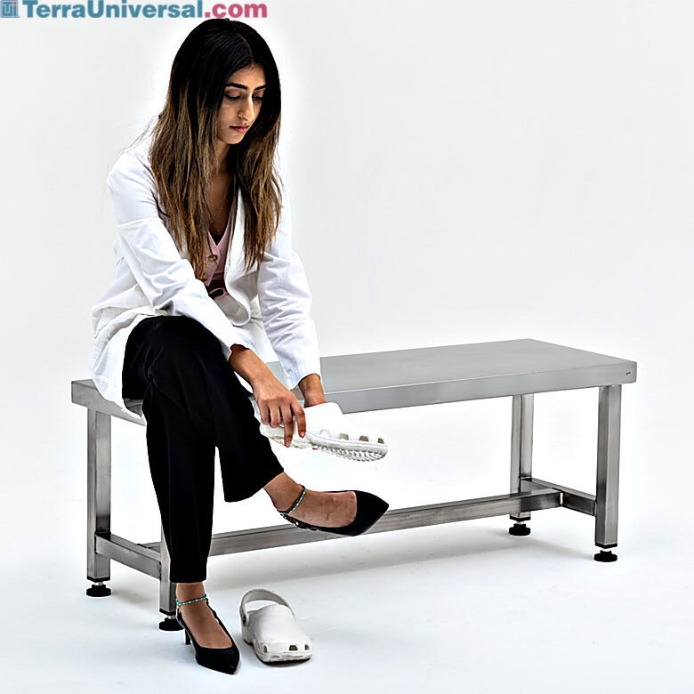 BioSafe® UltraClean® stainless steel gowning benches meet gowning protocol in environments where cleanliness is necessary | 9605-80A displayed