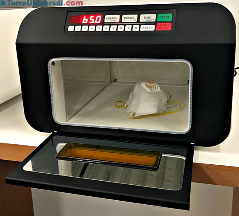 CL-3000 disinfects up to six N95 respirator masks in five minutes enabling reuse of PPE; midrange and longwave models available  |  1016-77 displayed