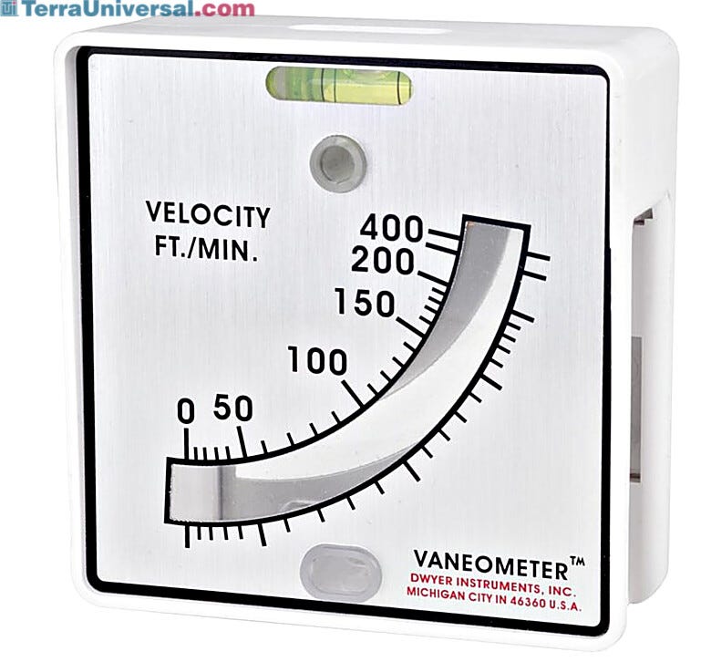 Vaneometer helps meet OSHA, EPA safety ventilation requirements while measuring air velocities from 25 - 400 fpm  |  1600-46 displayed