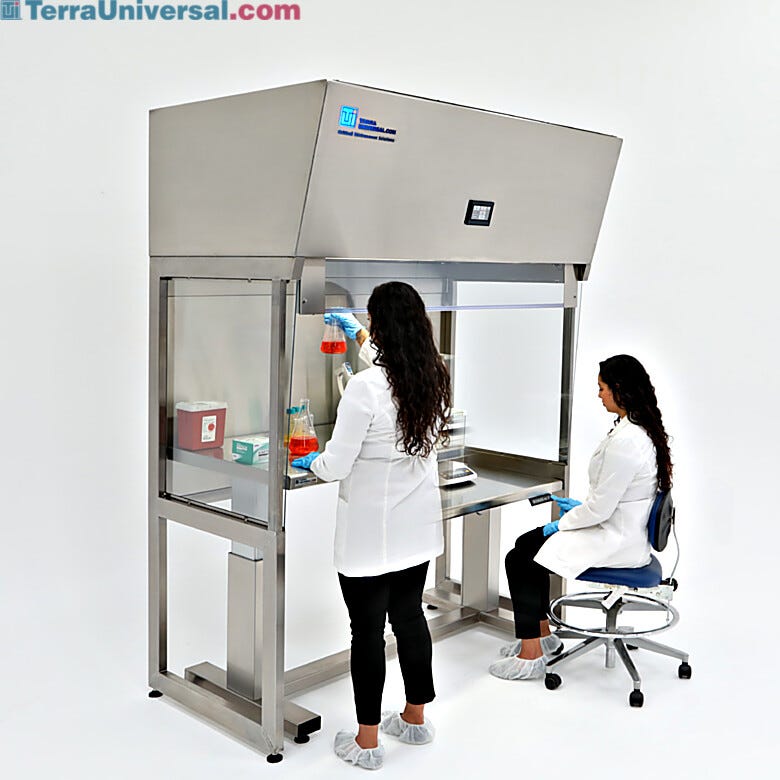 Automatic height adjusting tables fit perfectly inside free-standing laminar flow clean benches; helps isolate vibration from the fans mounted above the hood  |  3504-02A displayed