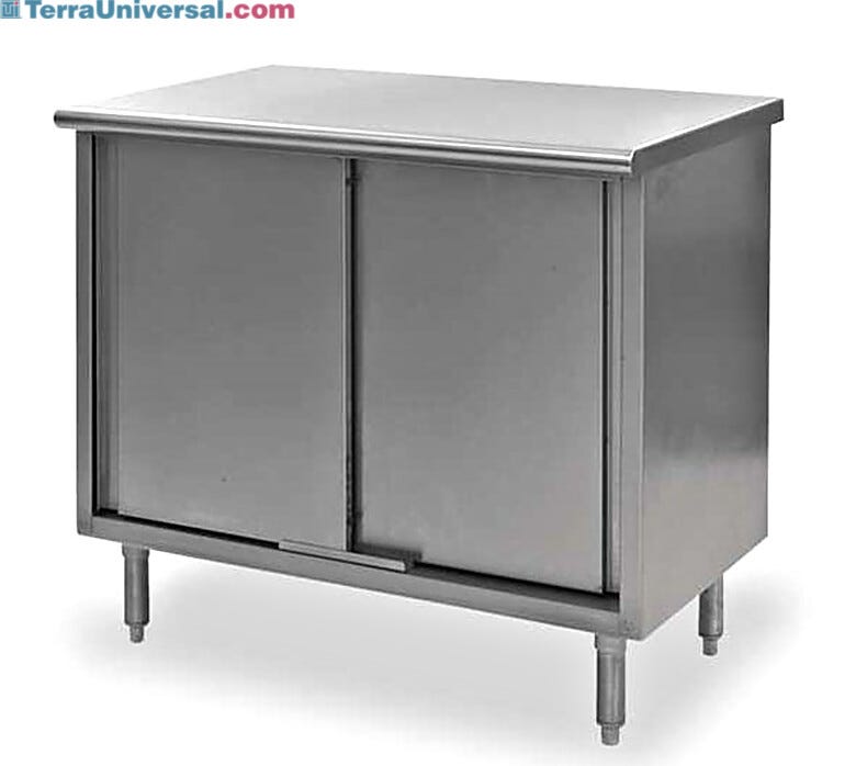 The Enclosed Base Worktables are fabricated of 304 stainless steel, with sliding or hinged doors | 5656-10A displayed