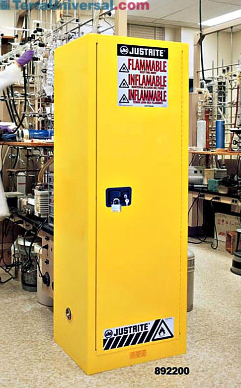 Yellow Slimline safety cabinets by Justrite are fire resistant double wall, air insulated and welded steel construction | 1619-90 displayed