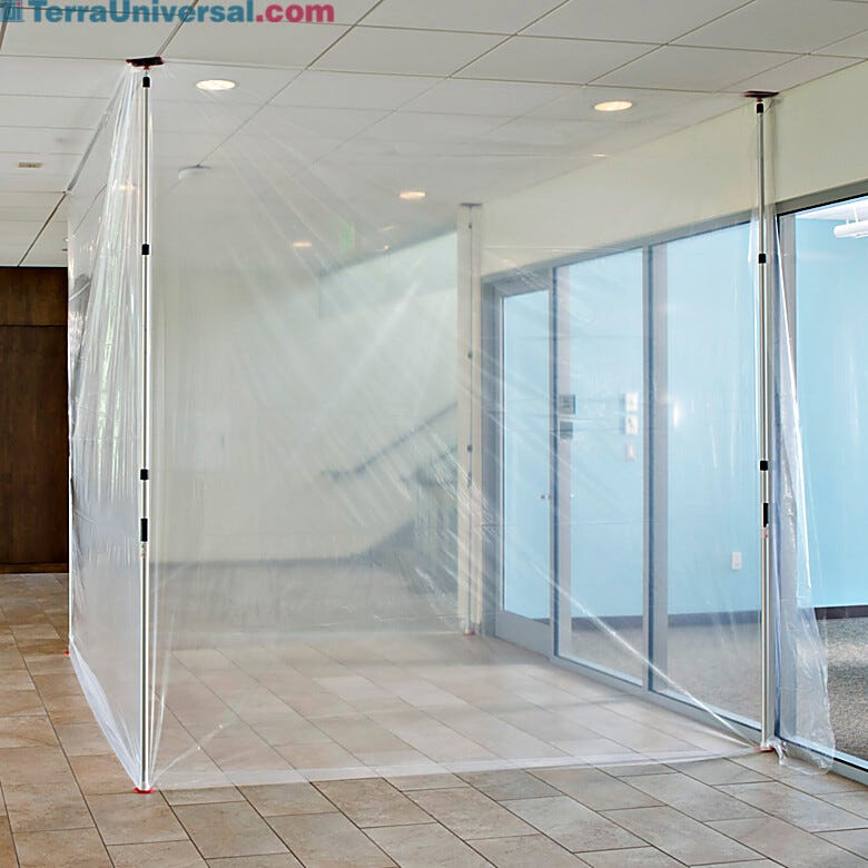 Spring-loaded ZipWall poles with clear plastic sheeting create effective dust containment barriers to protect clean areas and sensitive equipment | 6603-98 displayed