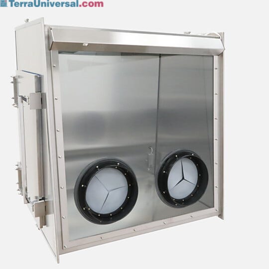 Stainless Steel Series 600 Full-View Glove Box, shown with optional side door and iris adapter  |  9670-01B displayed