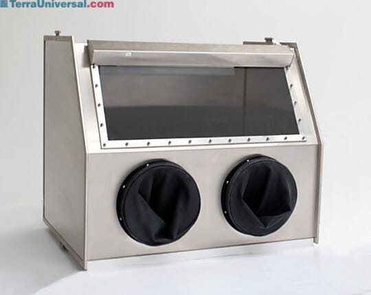 Stainless Steel Glove Box maintains low-humidity conditions to protect sensitive parts (shown with optional gloves) | 1694-01C displayed