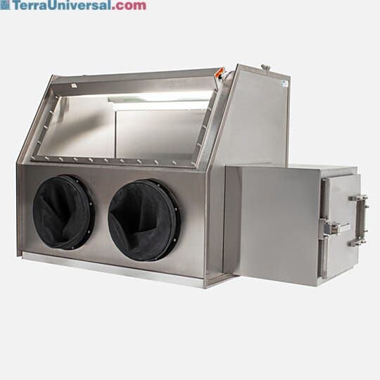 Stainless Steel Single Series 300 Glove Box Isolator includes Tempered Glass Window Right Airlock, and port for NitroWatch sensor  |  1694-01C displayed