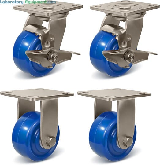 Four stainless steel casters with polyurethane wheels, 2 swivel with brakes, 2 rigid  |  1701-95 displayed