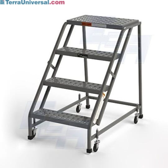 OSHA 4-Step EZY-Climb Steel Ladders with EZY-Tread or Grip Strut, 3" spring-loaded casters and choice of 17"W, 24"W (Z023 shown) or 30"W steps by EGA Products | 2813-PP-04 displayed