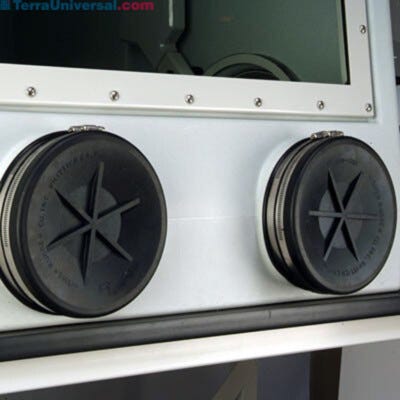 Shown are exterior glove port covers placed over gloveports on a Labconco glovebox.   |  3643-51 displayed