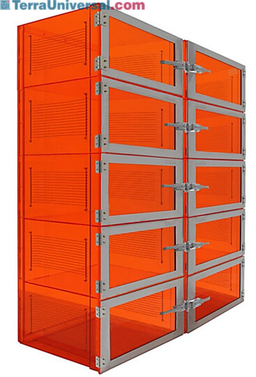 Amber acrylic ten chamber desiccator cabinet includes stainless steel shelf racks, stainless steel-reinforced doors, a flowmeter and relieve bleed valve (not sh  |  3950-66D displayed