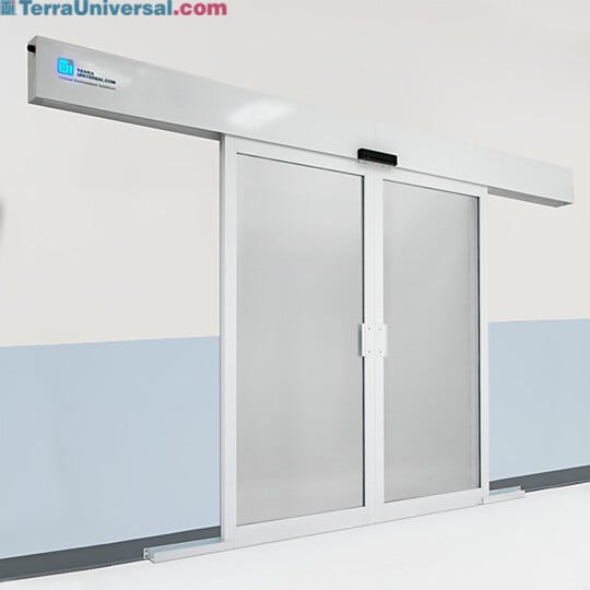 The Powder-Coated Aluminum Automatic Double Bi-Parting Sliding Door will auto reverse when something obstructs the path of the door  |  6709-17 displayed