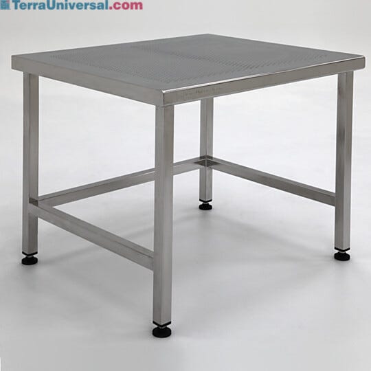 ISO 5-compatible 304 stainless steel table includes perforations to enhance air flow-through and minimize dust accumulation  |  9604-67 displayed